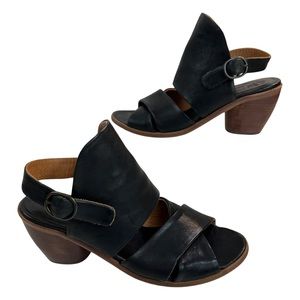 P. Monjo Sandals Black Leather Stacked Heel Peep Toe Shoes Ankle Size:10US EU40